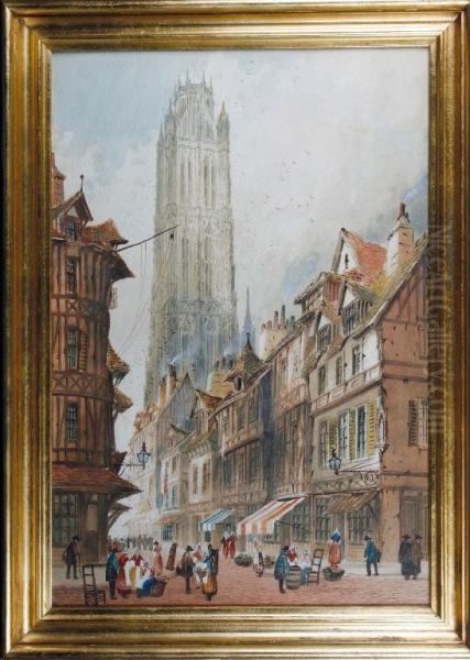 A Tudor Street With A Cathedral In The Background Oil Painting by Paul Braddon