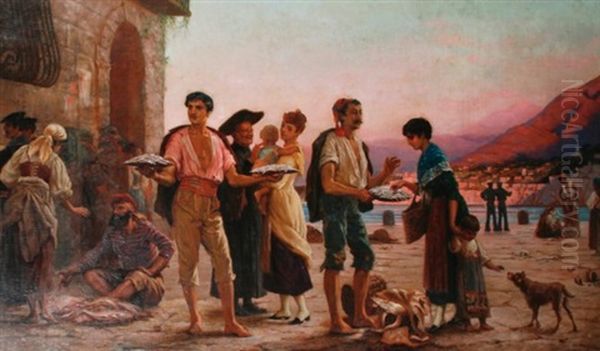 Figures In A Fish Market Oil Painting by Herbert Sidney