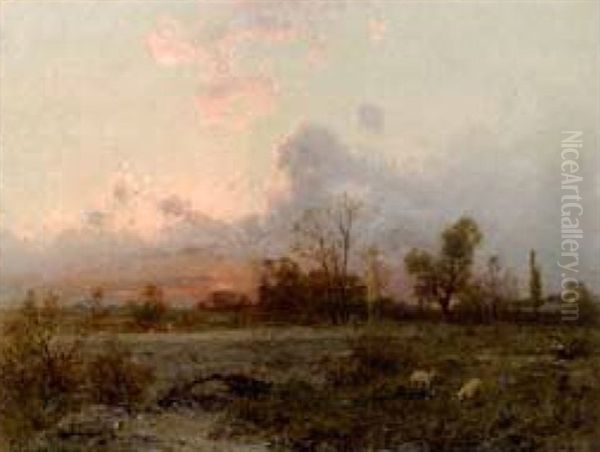 Abendrot Mit Schaferin Und Schafen Oil Painting by Zygmunt Sidorowicz