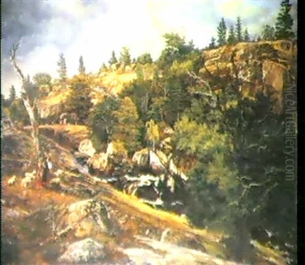 Vogterpige Med Far I Klippelandskab Med Elv Oil Painting by Frederik Hansen Sidring