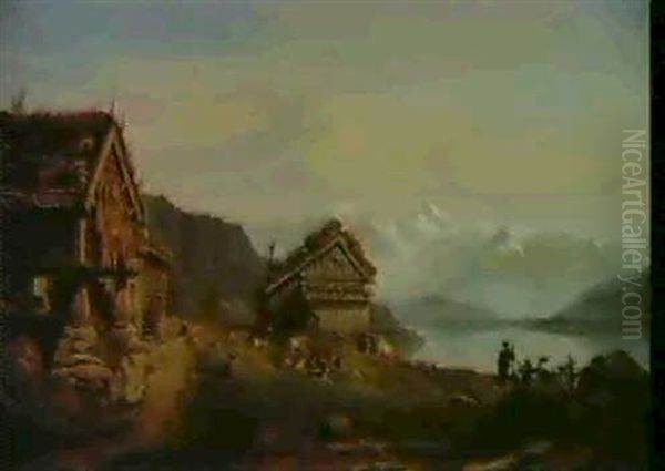 Et Norsk Fjeldlandskapb Med Bjaelkehuse I Forgrunden        Til Venstre. I Hojre Billedside En Fjord... Oil Painting by Frederik Hansen Sidring