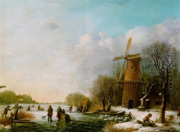 Eisvergnugen In Hollandischer Winterlandschaft Oil Painting by Johannes Sieberg