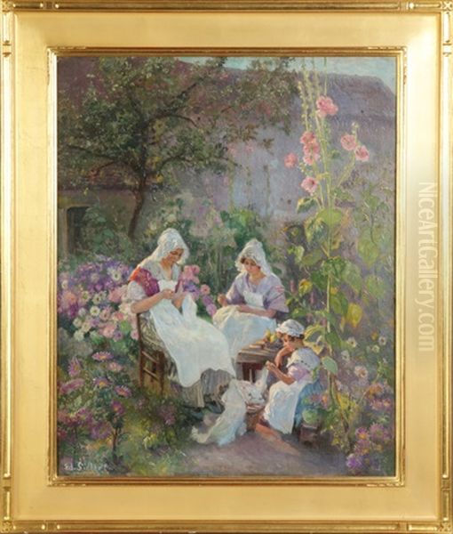 Women & Child Sewing In Flower Garden Oil Painting by Edward Selmar Siebert