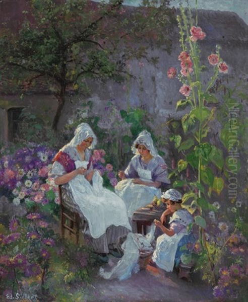 Sewing In The Garden Oil Painting by Edward Selmar Siebert