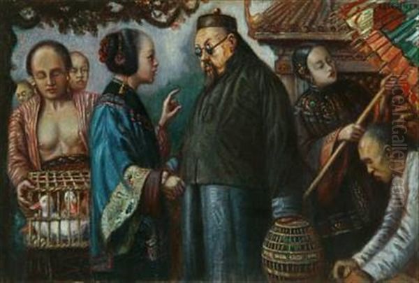 Chinese Market Place Oil Painting by Arthur Johannes Siebner