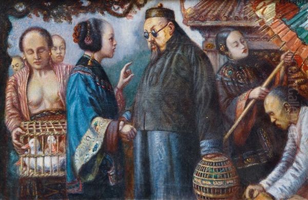 Conversation On A Market In China Oil Painting by Arthur Johannes Siebner