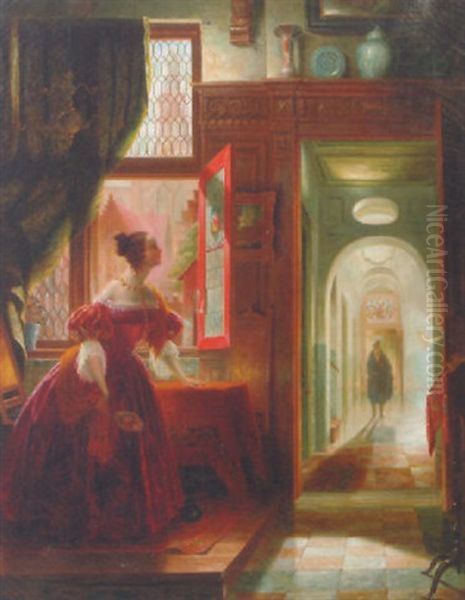 Elegant Figures In An Interior Oil Painting by Hubertus Nicolaas Sieburgh