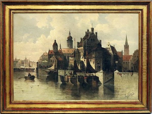 Hafenstadt Mit Fischerbooten Und Personen Am Kai Oil Painting by August Siegen