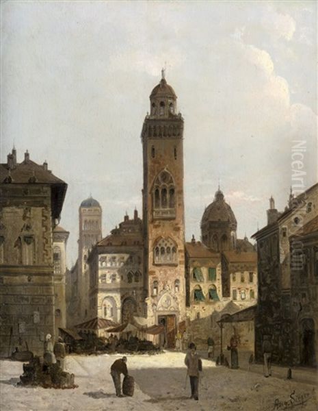 Marktplatz Vor Dem Rathaus In Pestrina - Capriccio Oil Painting by August Siegen