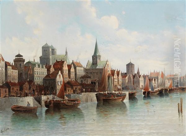 View Of A Dutch Port Oil Painting by August Siegen