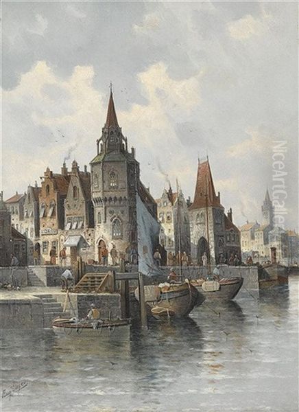 Nordische Hafenstadt Oil Painting by August Siegen