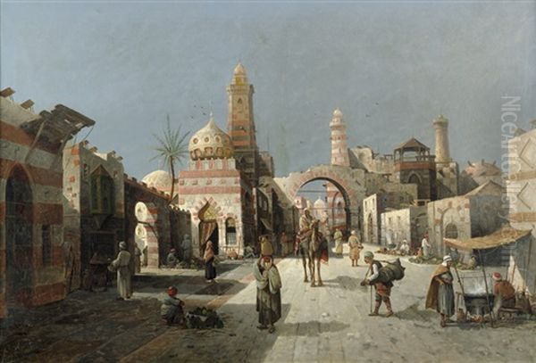 Strasenszene In Kairo Oil Painting by August Siegen