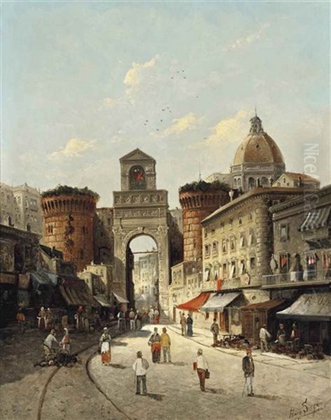 A Capriccio View Of Porta Capuana, Naples Oil Painting by August Siegen