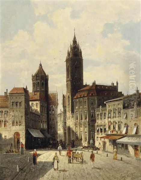 A Capriccio View Of Rathausplatz, Laufenburg Oil Painting by August Siegen