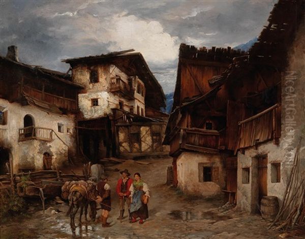 Tyrolean Village Scene Oil Painting by Victor Sieger