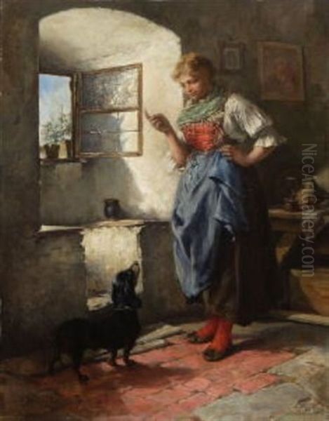 Dirndl Mit Dackel In Der Stube Oil Painting by Victor Sieger