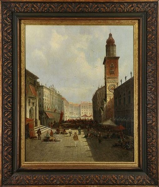 European City Market Scene With Clock Tower Oil Painting by August Siegert