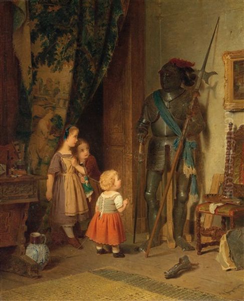 Children In The Studio. Three Little Girls Staring At A Suit Of Black Armour Oil Painting by August Friedrich Siegert