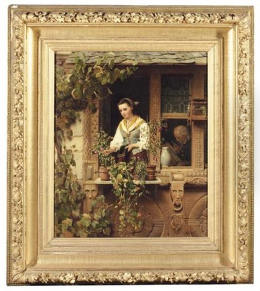 Tending The Windowbox (bei Der Blumenpflege) Oil Painting by August Friedrich Siegert