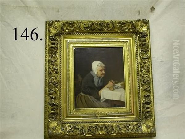 Elderly Woman Praying At Meal Time Oil Painting by August Friedrich Siegert