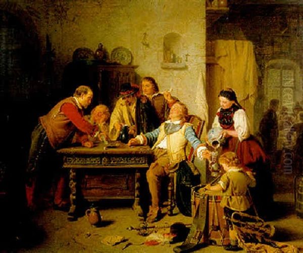 A Game Of Dice Oil Painting by August Friedrich Siegert