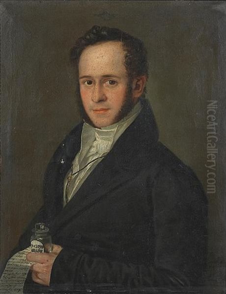 A Portrait Of The Pharmacist J.g. Holzknecht Holding A Medicine Bottle And A Hand-written Note Oil Painting by Anton Siegl