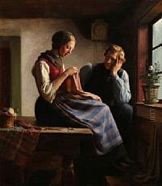 A Sewing Country Girl Is Having A Conversation With A Young Man Oil Painting by Hermann Carl Siegumfeldt