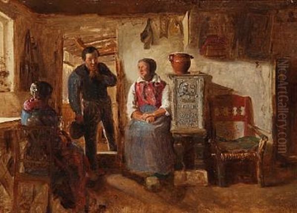 Interior From A Farm House With A Peasant Entering A Room, Where Two Women Are Sitting Oil Painting by Hermann Carl Siegumfeldt