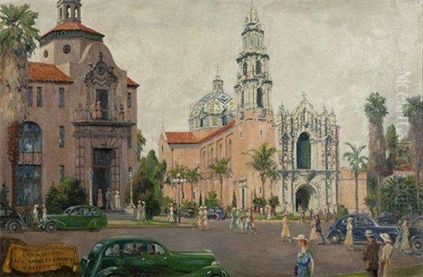 Automobile Club Of Southern California & St. Vincents Church Los Angeles Street Scene Oil Painting by Christian Siemer