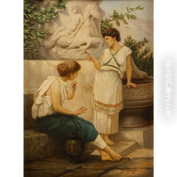 Two Greek Women At A Fountain Oil Painting by Henryk Siemiradzki