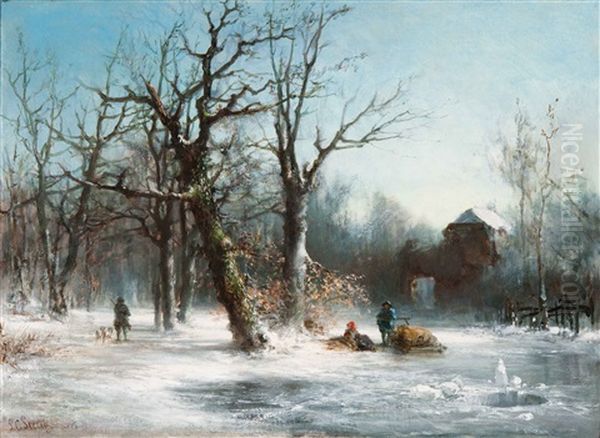 Hunters In A Winter Landscape Oil Painting by Louis Sierich