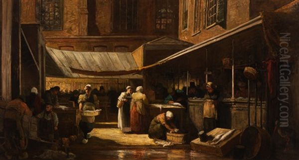 Activity At The Fish Stall Oil Painting by Ferdinand Carl Sierig