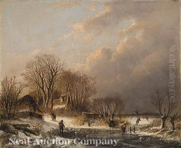 Ice Skaters Oil Painting by Ferdinand Carl Sierig