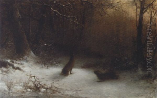 Two Hares In A Winter Forest Oil Painting by Ferdinand Carl Sierig