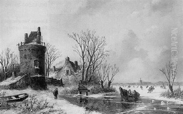 Skaters Near A Ruin Oil Painting by Ferdinand Carl Sierig