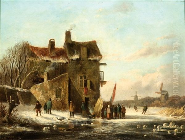 Figures On The Ice Oil Painting by Louis (Ludwig) Sierig