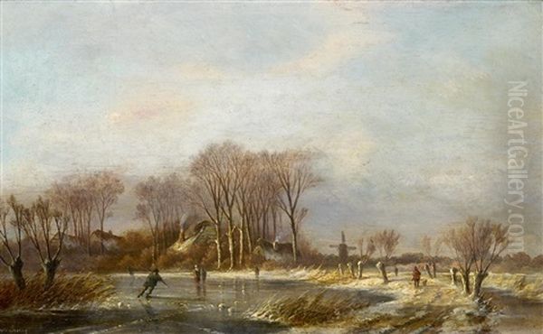 Hollandische Winterlandschaft Mit Personen Auf Dem Eis Oil Painting by Louis (Ludwig) Sierig