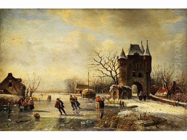 Eisvergnugen In Polderlandschaft Oil Painting by Louis (Ludwig) Sierig