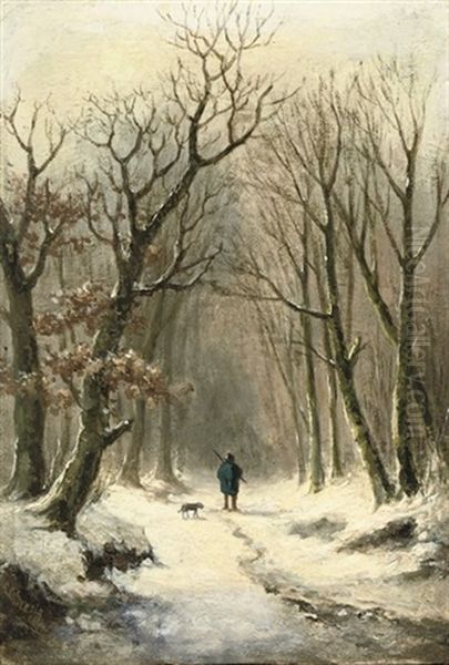 A Hunter And His Dog On A Snow-covered Path Oil Painting by Louis (Ludwig) Sierig