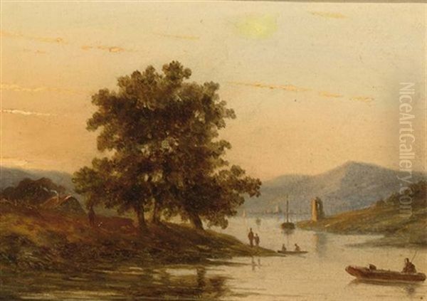 Figures By A Lake In A Mountainous Landscape Oil Painting by Louis (Ludwig) Sierig