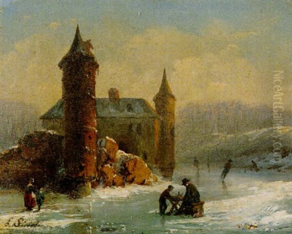 Altes Castell Am Ufer Eines Vereisten Flusses Oil Painting by Louis (Ludwig) Sierig