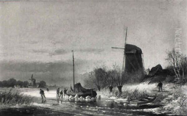 Winter Landscape With Skaters And Figures By An Iced Sailing-boat Oil Painting by Louis (Ludwig) Sierig