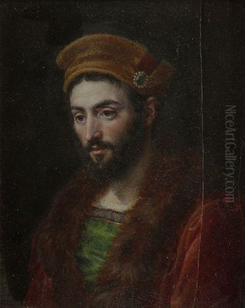 Etude D'homme En Costume Troubadour, Toque Et Manteau Rouge Borde De Fourrure, En Buste A Gauche (study) Oil Painting by Francois Joseph Juste Sieurac