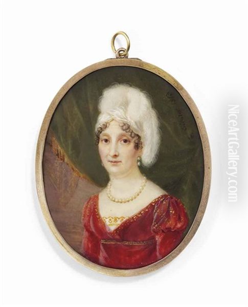 Maria Letizia Bonaparte, Nee Ramolino (1750-1836), Madame Mere, In Gold-embroidered Red Dress, White Turban Adorned With Ostrich Feathers Oil Painting by Francois Joseph Juste Sieurac