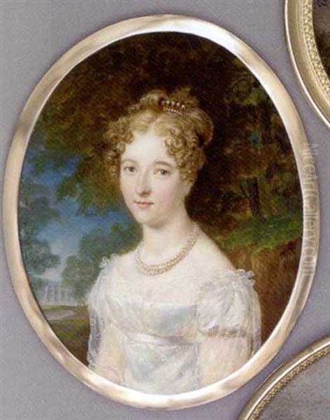 A Young Lady, In White Silk Dress With Embroidered Gauze Overdress, Triple Pearl Necklace And Pearl Diadem In Her Upswept And Curled Fair Hair, Foliate Background With Temple Beyond Oil Painting by Francois Joseph Juste Sieurac