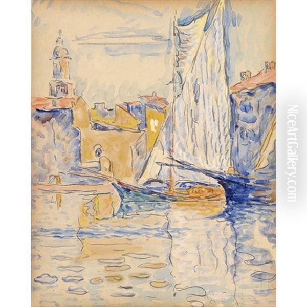 Saint-tropez, Tartanes A Quai Oil Painting by Paul Signac