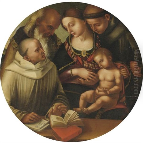 The Madonna And Child With Saints Bernard (?), Anthony Of Padua And John The Evangelist (?)(collab. W/studio) Oil Painting by Luca Signorelli