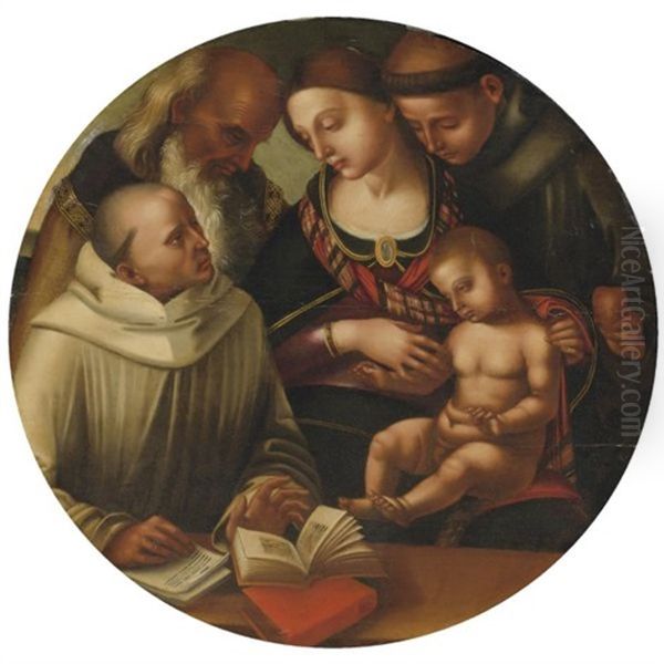 The Madonna And Child (with Saints Bernard, Anthony Of Padua And John The Evangelist?) Oil Painting by Luca Signorelli