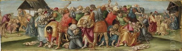 The Massacre Of The Innocents With The Adoration Of The Shepherds And The Adoration Of The Magi, Panel From A Predella Oil Painting by Luca Signorelli