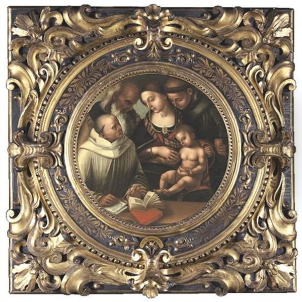 The Madonna And Child With Saints Bernard(?), Anthony Of Padua And John The Evangelist (?) (in Collab. W/studio Of Luca Signorelli) Oil Painting by Luca Signorelli